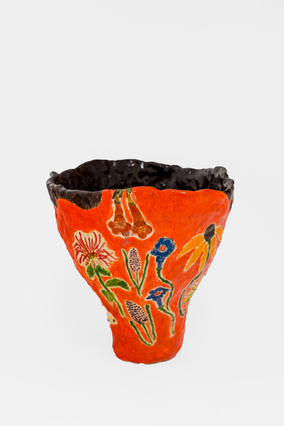 Sally Saul, Flowers on a Vase, 2023, clay and glaze, 25.4 x 24.1 x 22.9 cm. Courtesy the artist and Venus Over Manhattan, NYC