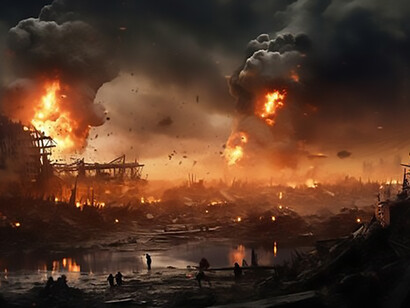 The war zone's landscape bears witness to widespread destruction, highlighting the devastating consequences of conflict