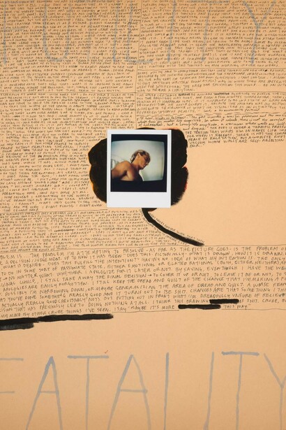 Richard Hawkins (American, b. 1961), Still III: An Illuminating Manuscript, page 20, 1984, acrylic, polaroid, and ink on paper, 23 15/16 × 17 15/16 in. Gift of Elizabeth Mize Currie, Class of 1978.