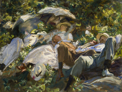 John Singer Sargent (American, Florence 1856–-1925 London)
Group with Parasols (Siesta), around 1904–5
Oil on canvas
22–3/8 × 28–9/16 in. (56.8 × 72.5 cm)
Private Collection