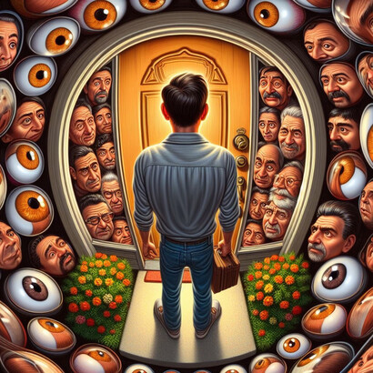 Un hombre frente a una puerta, cargando una maleta, siendo observado por ojos y rostros que lo rodean. Obra de los autores del artículo