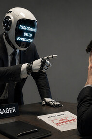A robotic boss scolding an employee at their desk, representing the loss of human understanding in modern workplaces