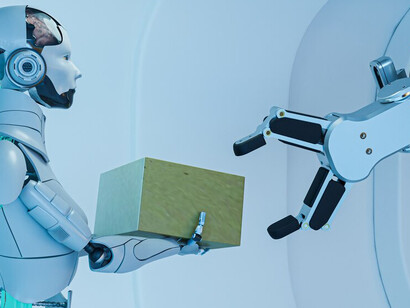 Robots efficiently handling and carrying boxes in an automated warehouse setting