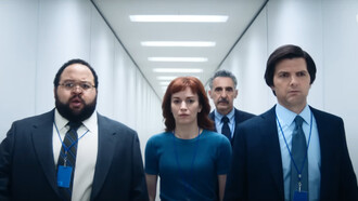 From left to right: Zach Chery as Dylan G., Britt Lower as Helly R., John Turturro as Irving B, and Adam Scott as Mark S.