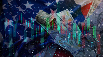 A stock market chart displayed over the American flag, symbolizing the intersection of financial trends and national economy