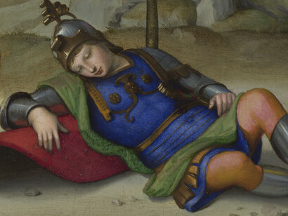 Raffaello Sanzio, Il sogno del cavaliere, 1503-1504 ca, National Gallery, Londra, particolare

