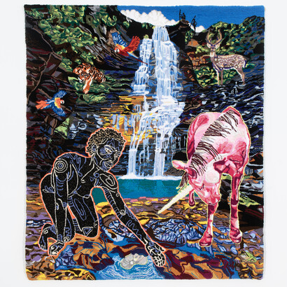 Simone Elizabeth Saunders, Affirmations of the Day, 2022, Unearthing Unicorns series, hand tufted velvet, acrylic and wool yarn on rug warp, 66x56x1 inches. Courtesy of the artist and Claire Oliver Gallery