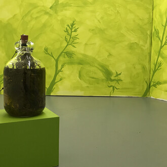 Traddutore, Traditore (a new translation) 2014-7 First maceration of absinthe with glass demijohn, vodka, grand wormwood, green anise, sweet fennel, coriander seed, lemon verbena, star anise, hyssop, fennel seed, sage, altered rubber bung with headphone speakers, mp3 player and recording of Skeeter Davis' 'The End of The World'.