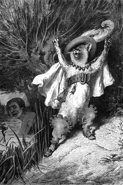 Ilustración sin título del Gato con Botas realizada por Gustave Doré e incluida en el libro "Los cuentos de Perrault", publicada originalmente en 1862