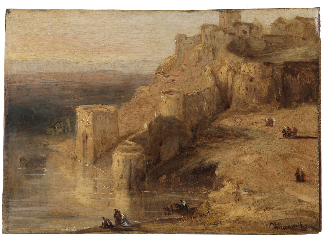 El Baño de la Cava, Toledo, Díptico con 42 Vistas Monumentales de Ciudades Españolas, Peréz Villaamil, Óleo sobre hojalata y marco neo gótico, 17,8 x 12,5 cm, Madrid, Museo Nacional del Prado
