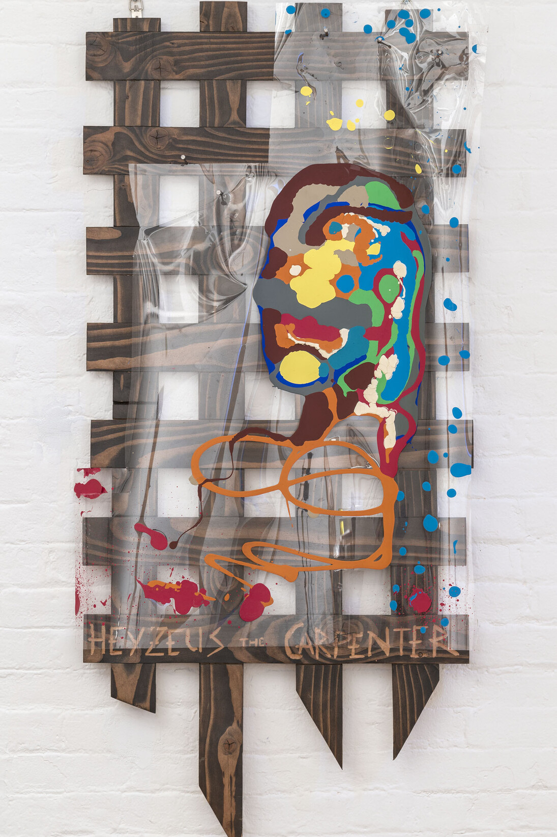 Kevin Mack, A Study in Faith (Heyzeus the Carpenter), 2013, Pine, stain, acetate, acrylic, 54” x 26” x .75” 