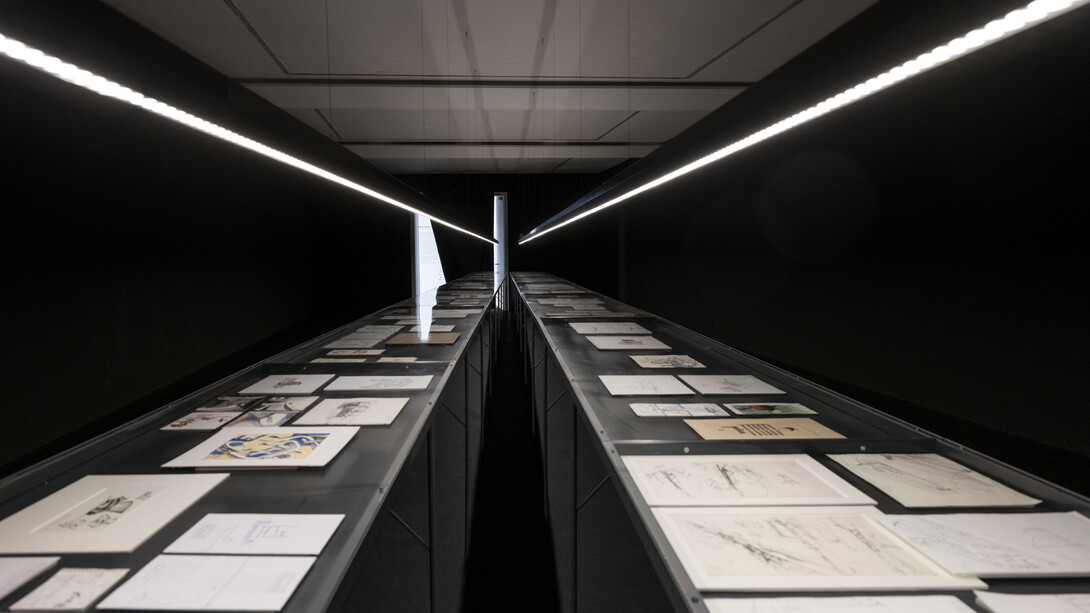 Dibujos de arquitecturas, vista de exhibición. Cortesía del Museo Patio Herreriano