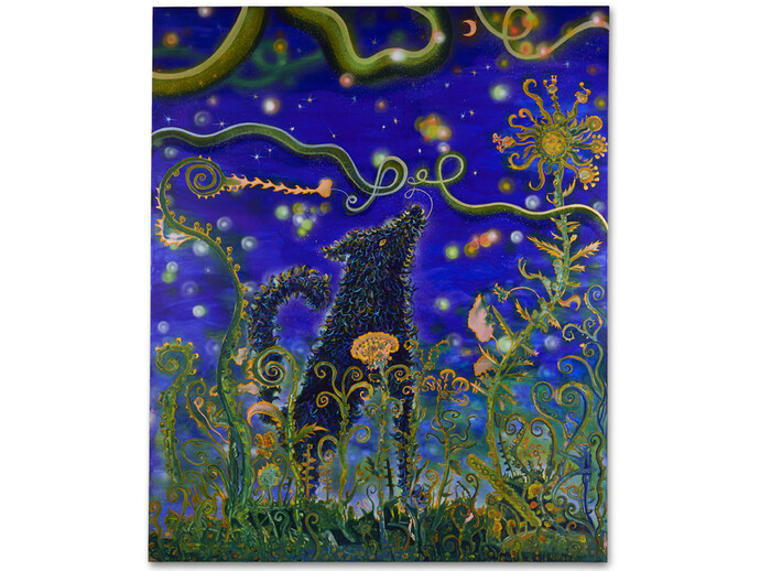 JJ Manford, Moogles Barking at The Moon, 2014, Acrylic, collage, and spray paint on canvas, 74x61 inches