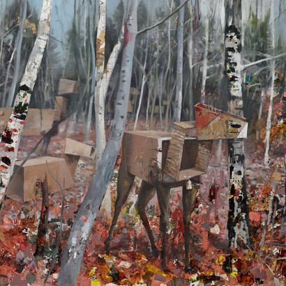 Daniel Pitín, Deers, 2023, mixed media on canvas, 70.87x78.74 inches. Courtesy the artist and Nicodim Gallery, NYC
