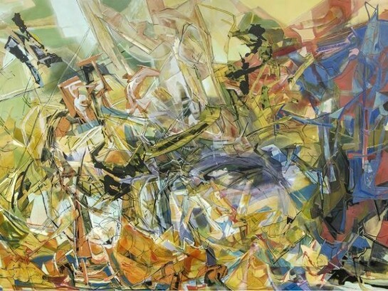 Iva Gueorguieva, Gathered Hiss, 2013, Acrylic, collage, and oil on canvas, 72 x 120 inches, 182.9 x 304.8 cm, Signed and dated on verso: "Iva Gueorguieva 2013"