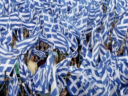 Greek flags waving
