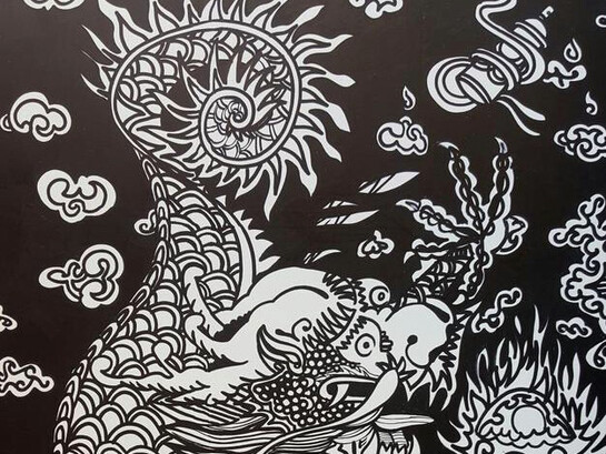 Pure Evil, Water Dragon 2015 (detail), Spray and Ink on Canvas, 60” x 96”, Copyright Pure Evil
