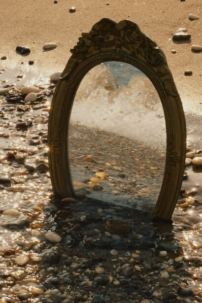 Um espelho antigo, pousado entre as pedras à beira-mar, reflete a paisagem e parece guardar a serenidade daquele instante. Como o espelho de Oxum, que convida a olhar para além das aparências, a imagem evoca a capacidade de reconhecer, em meio à saudade, as verdades e os afetos que permanecem vivos mesmo quando alguém já não está fisicamente presente