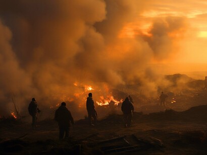 Amid the ruins, figures drift like ghosts through a city broken open by missile and flame