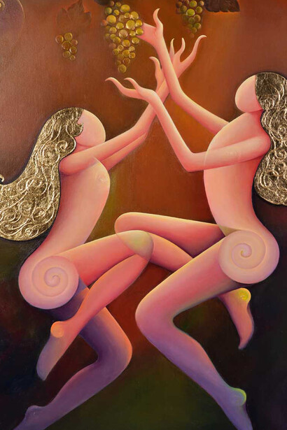 Nora Nourmohammadi, Women and Grapes, 47" x 39.5", Acrylic on Canvas, Courtesy of Agora Gallery 