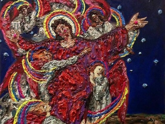 Annelie McKenzie, Rainbow Jesus, 2013 / oil and pom poms on canvas / 48 x 38 inches
