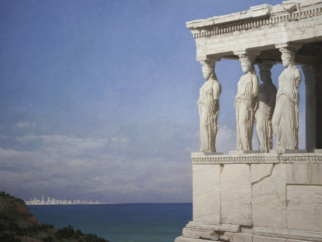 Guillermo Muñoz Vera, Liberty and Caryatid, 2012, oil on canvas mounted on panel, 55 1/8 x 72 inches