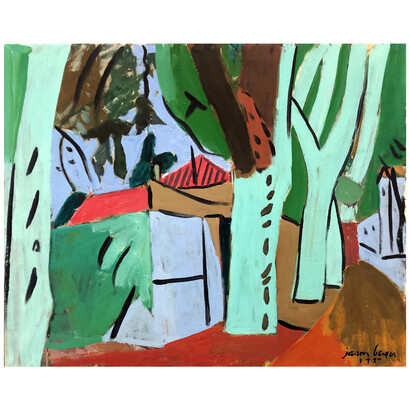 Jason Berger, Trees – Colares, Portugal, 1999, oil on canvas, 31‐1⁄2×39‐1⁄4 inches, signed and dated lower right: “Jason Berger 1999”, titled verso: “Trees – Colares”, from the estate of the artist. Courtesy of Childs Gallery