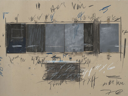 Cy Twombly, Untitled, 1970, Graphite pencil, colored pencil, oil, crayon, tape, printed and photographic paper, and plywood on cardboard. The Menil Collection, Houston; Gift of the artist. Photography by Paul Hester ©Cy Twombly Foundation