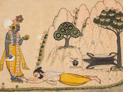 A sage prostrate before Krishna; folio from a dispersed manuscript, possibly a Bhagavata Purana (detail), circa 1720-1730. Courtesy of Cincinnati Art Museum