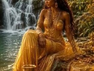 Sentada sobre as pedras, à beira de uma correnteza, uma mulher vestida de dourado contempla a água, cercada pela natureza. A imagem sugere um instante de recolhimento e conexão espiritual, evocando a presença de Oxum e a possibilidade de encontrar, na contemplação e na memória, caminhos para compreender a nós mesmos e lidar com a saudade