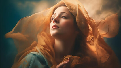 AI-generated image of a young adult woman wearing a religious veil, praying outdoors in a scene depicting saintly grace, generosity, and selflessness