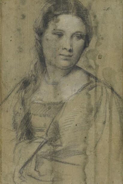 Tiziano Vecellio, known as Titian (c.1485-90‒1576), Portrait of a young woman, Black and white chalk on faded blue paper, 41.8 x 26.5 cm
© Gabinetto Disegni e Stampe degli Uffizi, Florence