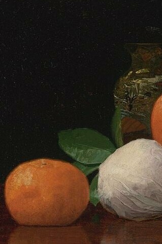 "Naturaleza muerta con mandarinas envueltas", óleo sobre lienzo, William Joseph McCloskey, 1889