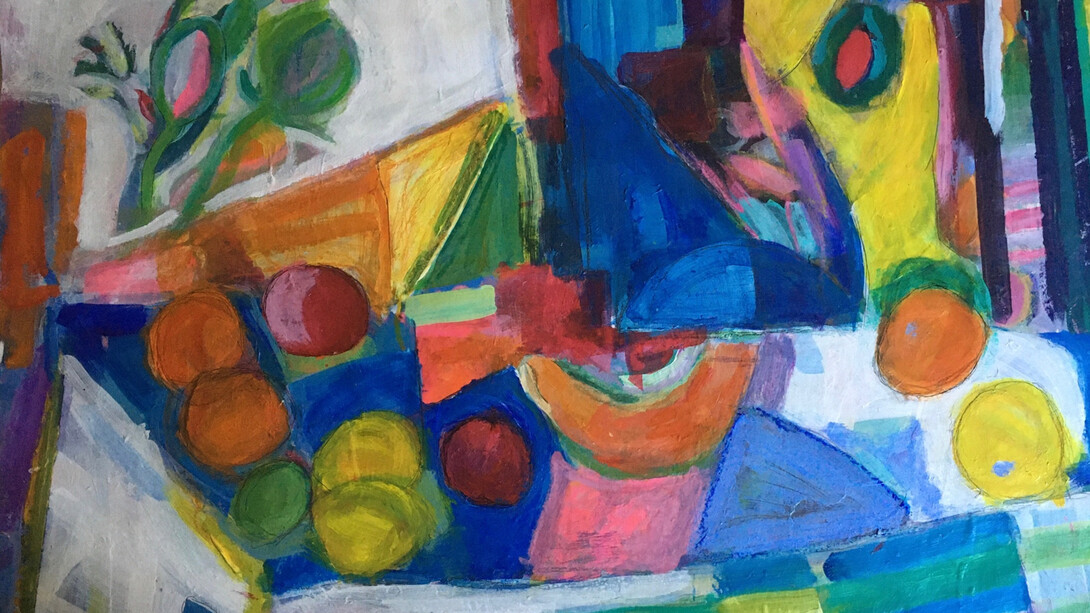 Elizabeth Cody, Blue Still Life After Matisse (detail), acrylic on paper, 22.5x30 inches. Courtesy of the artist and The Pleiades Gallery