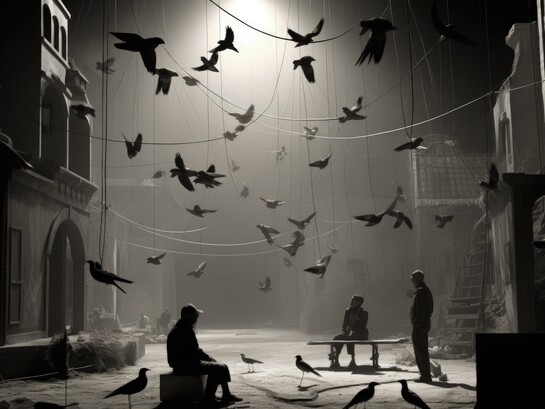 Retro World Theatre Day scene with flying birds and urban ruins