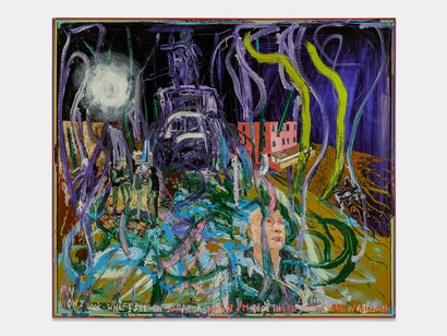 Peter Nadin,
How I Look, What I See in Baracoa When I’m Not There
(Self Portrait in
Absentia)
, 2022,
Oil on panel,
57 3/8 x 49½ in. (145.73 x 125.73 cm). Photograph by
Alon Koppel. Courtesy of the artist and Off Paradise, New York