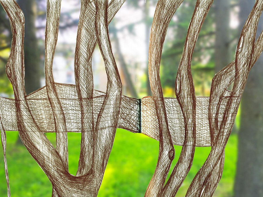 Antonella De Nisco e Giorgio Teggi, rendering RIPArami, installazione ambientale, intrecci tessuti e materiale vegetale, lunghezza m 35 circa, Parco di Villa Verde, Reggio Emilia