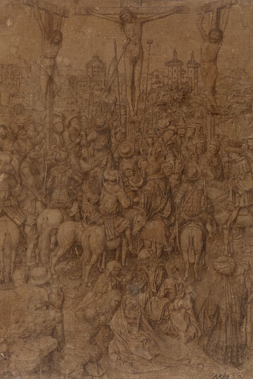 Workshop or follower of Jan van Eyck, The Crucifixion, c. 1440/1450, goldpoint and silverpoint, pen and black ink, indented, on gray prepared paper, Museum Boijmans Van Beuningen, Rotterdam