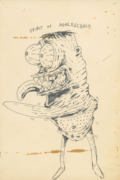 Mike Kelley, Untitled (Allegorical Drawing), 1976, Marker on file card, 15.2 x 10.2 cm / 6 x 4 in © Mike Kelley Foundation for the Arts. All Rights Reserved/VAGA at ARS, NY, Courtesy the Foundation and Hauser & Wirth.
