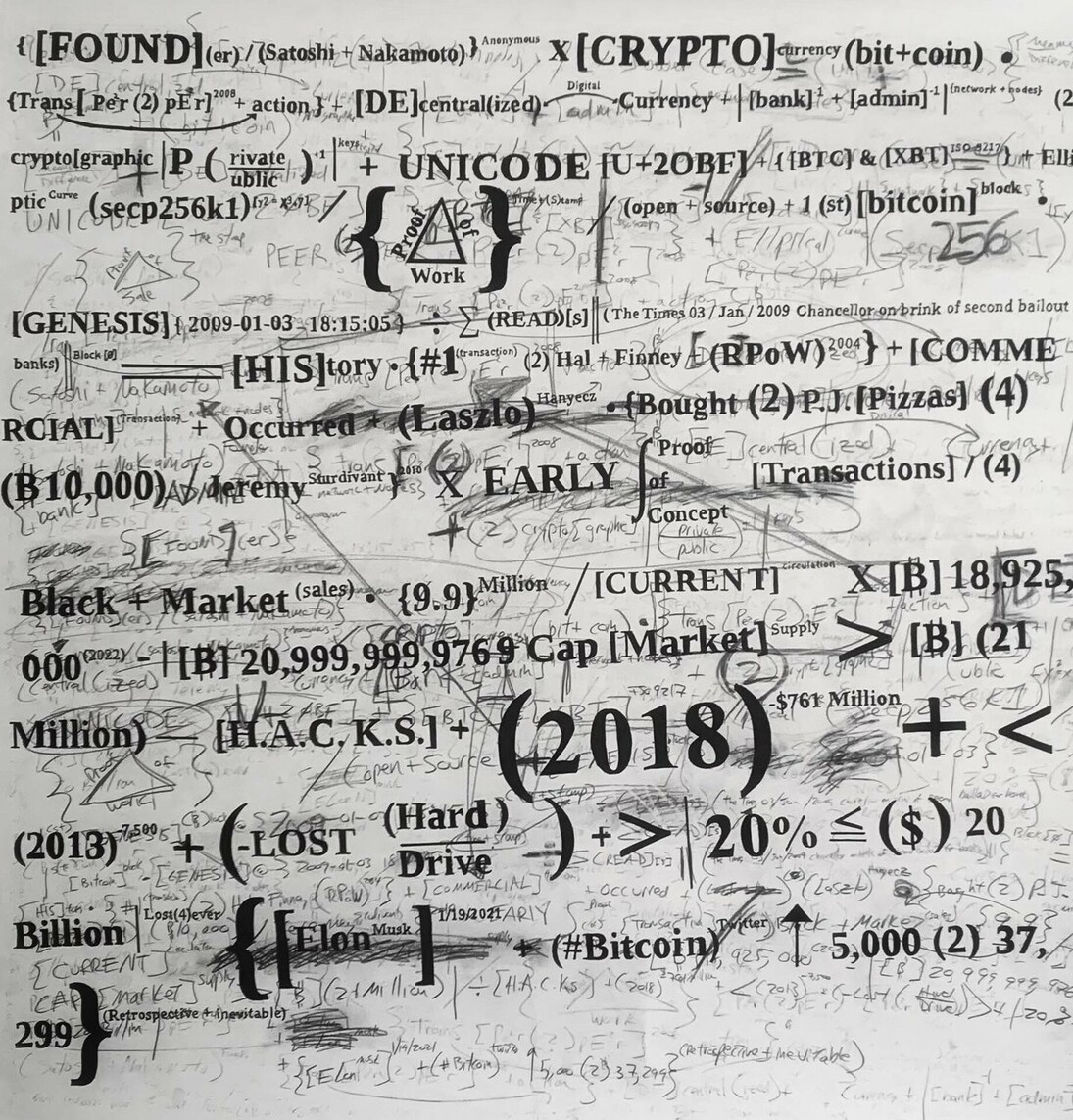 Gabriel Delgado, History of Bitcoin, 2022, Ink and Graphite on Strathmore watercolor paper mounted on canvas, 2022, 48x48x2.5 in