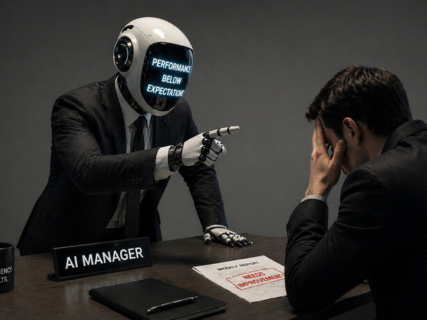 A robotic boss scolding an employee at their desk, representing the loss of human understanding in modern workplaces