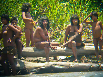 indígenas aislados Mashco-Piro en una ribera cerca del Parque Nacional del Manú. Decenas de encuentros entre indígenas Mashco-Piro no contactados, los turistas y los colonos se han registrado en los últimos años. © Jean-Paul Van Belle, Cuadros de 2011