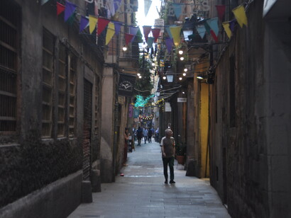 Poco después deambulé por una calle estrecha que serpentea siguiendo el curso de una muralla, y en una de las muchas librerías de viejo que en ella existen me entretuve hojeando incunables cuyo precio me pareció, sencillamente, inalcanzable...El Call, Barcelona, España