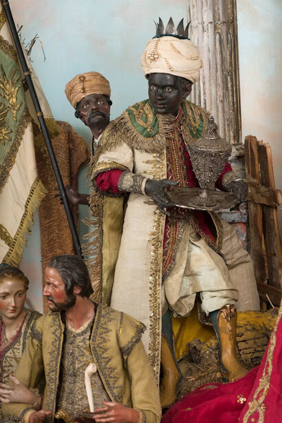 The Three Wise Men, As a member of the Three Wise Men, Balthasar presents the Holy Family with an ornate vessel of myrrh, a tree-derived resin historically used as medicine or perfume. Beginning in the Middle Ages, some artists portrayed Balthasar as a black African ruler; this became more common after 1450 as the number of sub-Saharan Africans in European cities grew due to the Atlantic slave trade. At the time this figure was made, there were many black Africans in Naples, both enslaved and free. Courtesy of the Art Institute of Chicago