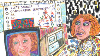 Ilustración de Monique Nahas como modelo para el corto "La oradora sintetizada" de 1989