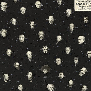 Philippe Favier, Bassin de Paris – Région Nord, 2013_Collages et noir poudré sur carte de géographie, 100 x 120 cm © Courtesy Bernard Chauveau Editeur, Le Néant Editeur, Philippe Favier