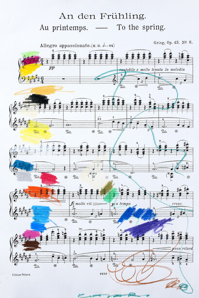 Giuseppe Chiari, An den Frühling, senza data, tecnica mista su spartito musicale, cm 100x72