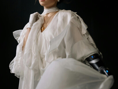 A modern woman dressed in white with a gold necklace, showcasing a sleek, cybernetic robotic arm