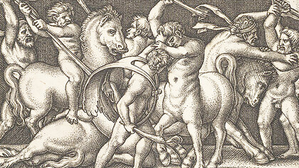 Hercules with his club in center fighting a centaur, other men fighting centaurs to left and right, from 'The labors of Hercules', print, Sebald Beham (MET, 2012.136.773.1)