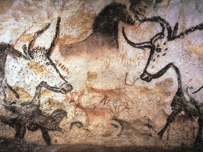 Aurochs, horses and deer painted on a cave